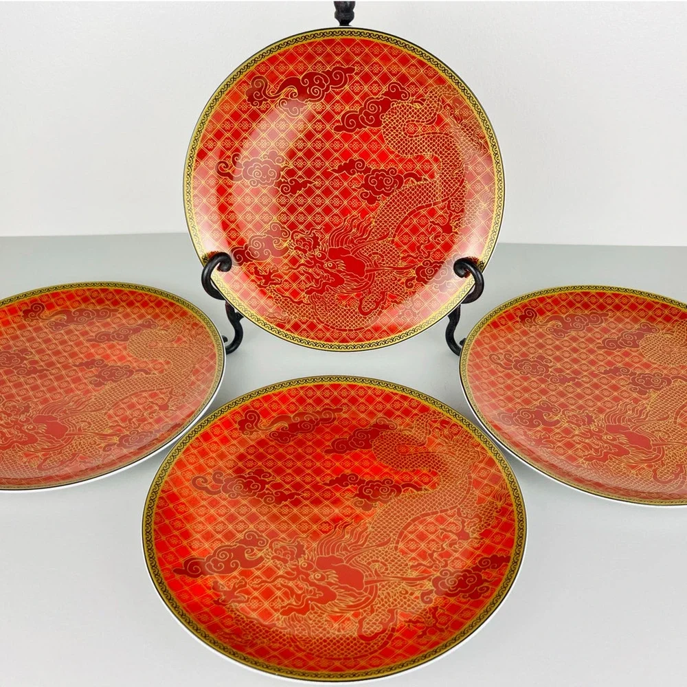 Williams Sonoma Lunar Dinner Plates SET OF 4 Dragon Red Gold 10 3/4